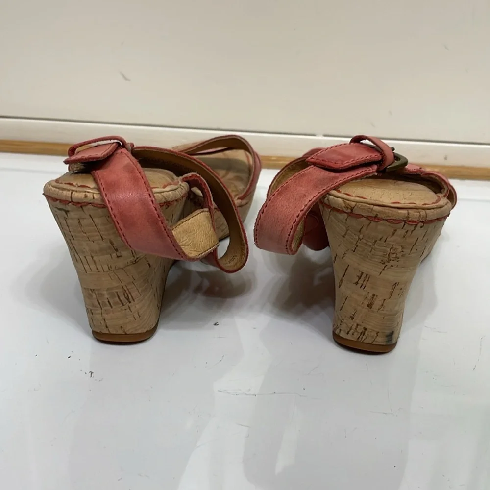Born‎ Amabel Salmon Pink Leather Wedge Sandals Heel Summer Womens Size 7